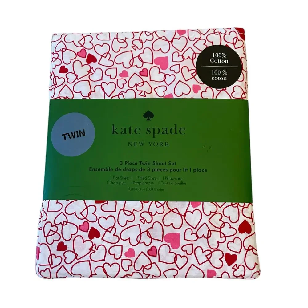 KATE SPADE Valentine's Day Pink Red Outline Hearts TWIN Cotton Sheet Set New